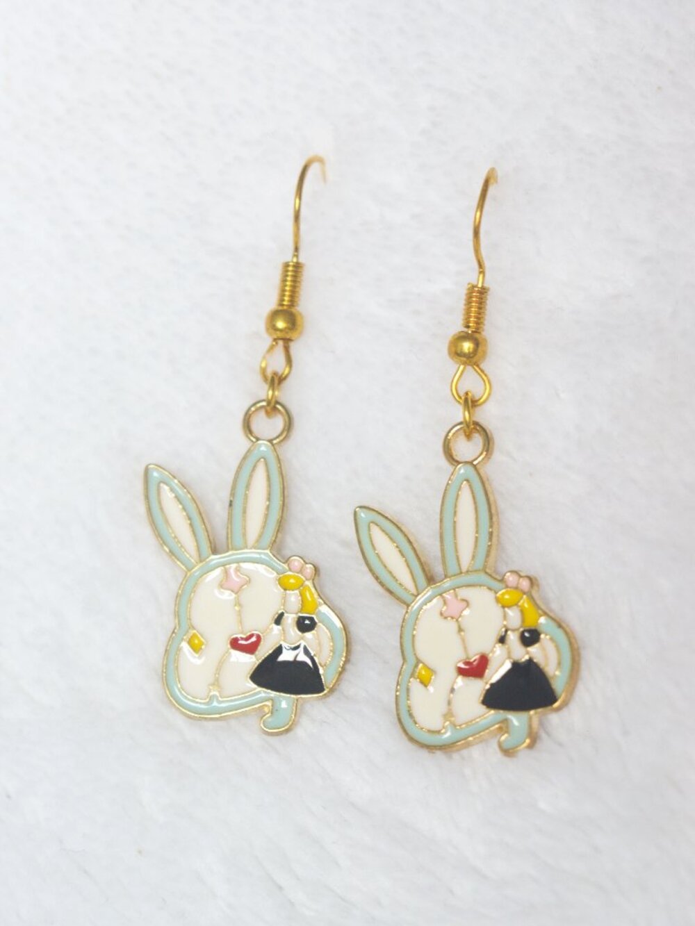 Alice in Wonderland The Rabbit Gold Enamel Earrings